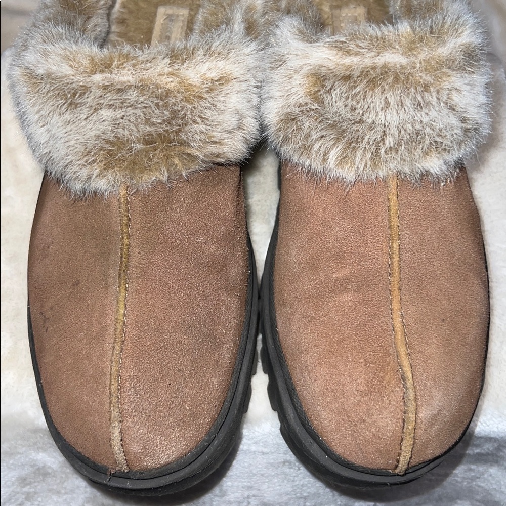 SKETCHERS WORK 🥾 TAN/BROWN LEATHER FAUX FUR LINED NON-SLIP SOLE CLOGS Women’s 10 - Picture 4 of 15
